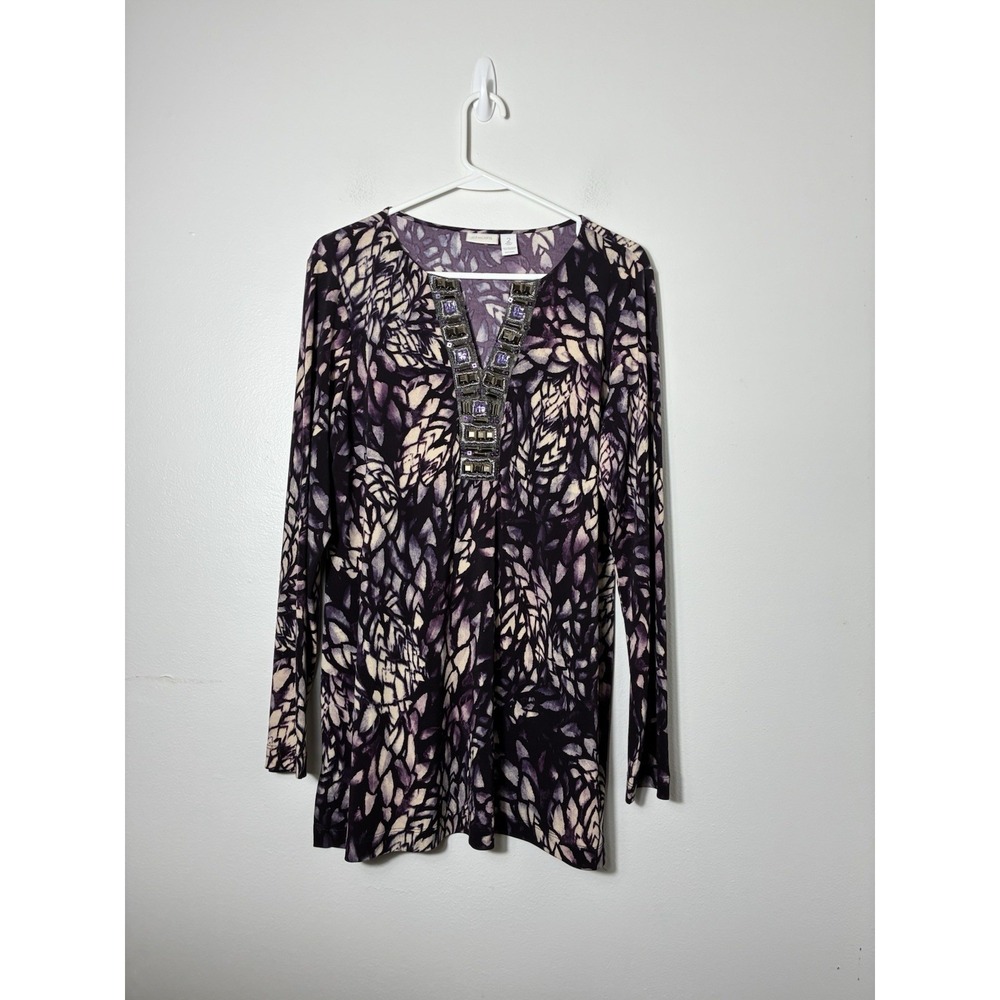 Chico's Long Sleeve Travlers Top Sz Large Purple Rindstones Office Preppy